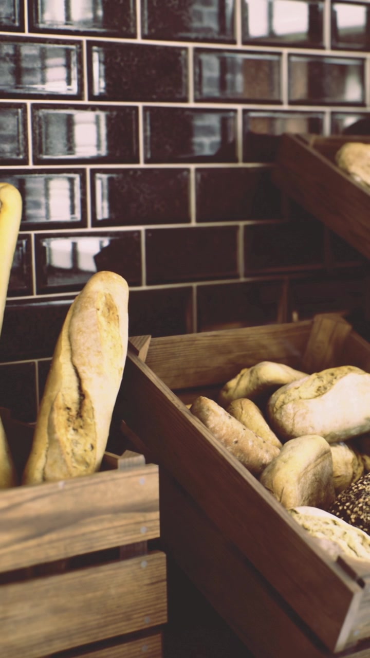 Fresh bread displayed in wooden crates at a bakery shop