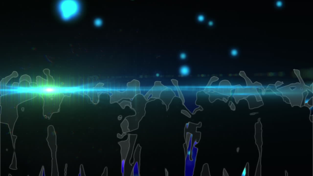 animación digital del rastro de luz sobre la silueta de personas bailando contra manchas azules de luz