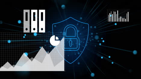 animation of data processing and media icons over digital padlock