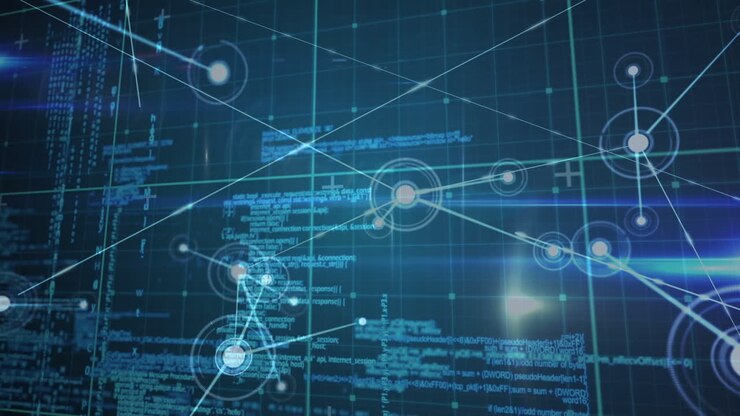 Animation af netværk af forbindelser og divers databehandling i digitalt rum