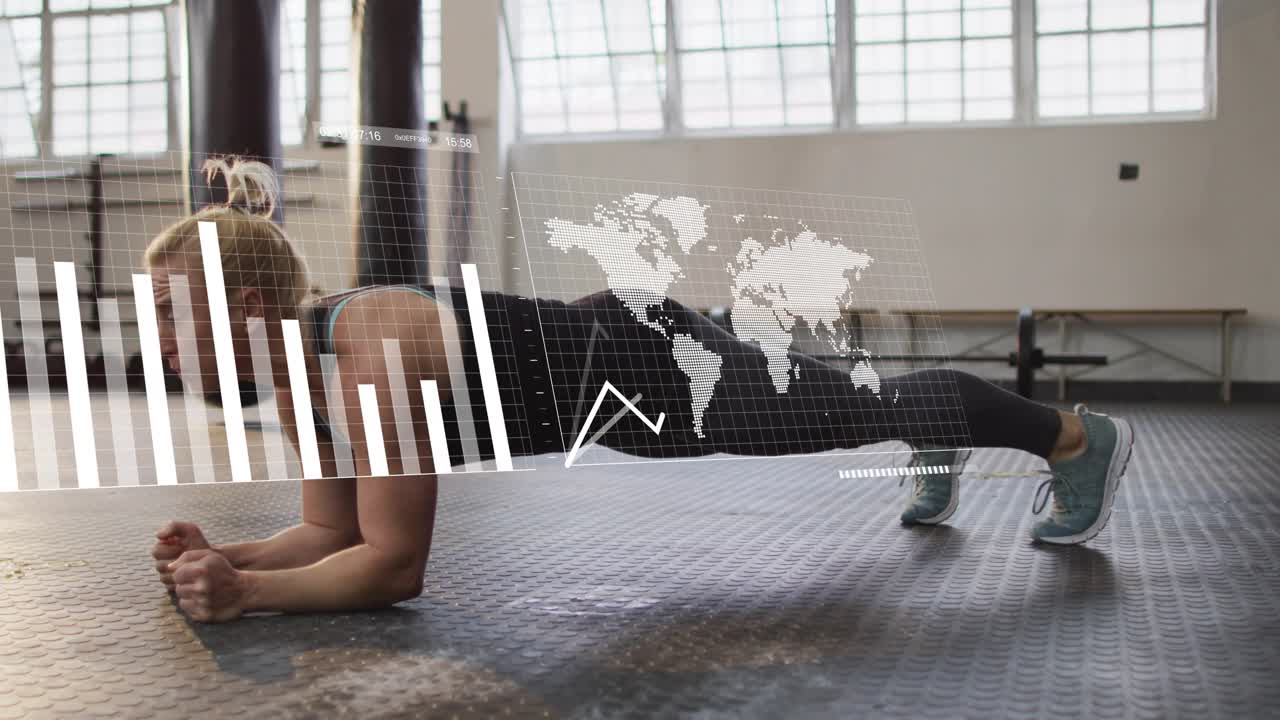 female fitness trainee reaching to touch floor moving into forearm plank while HUD tracking metrics