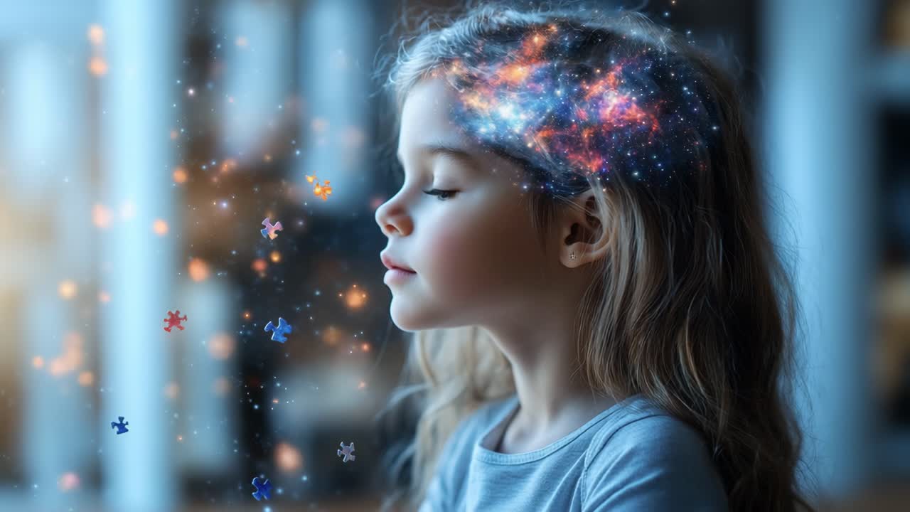 Girl dreams of cosmic adventure. A young girl gazes thoughtfully as colorful cosmic elements swirl around her imagination indoors during the evening.