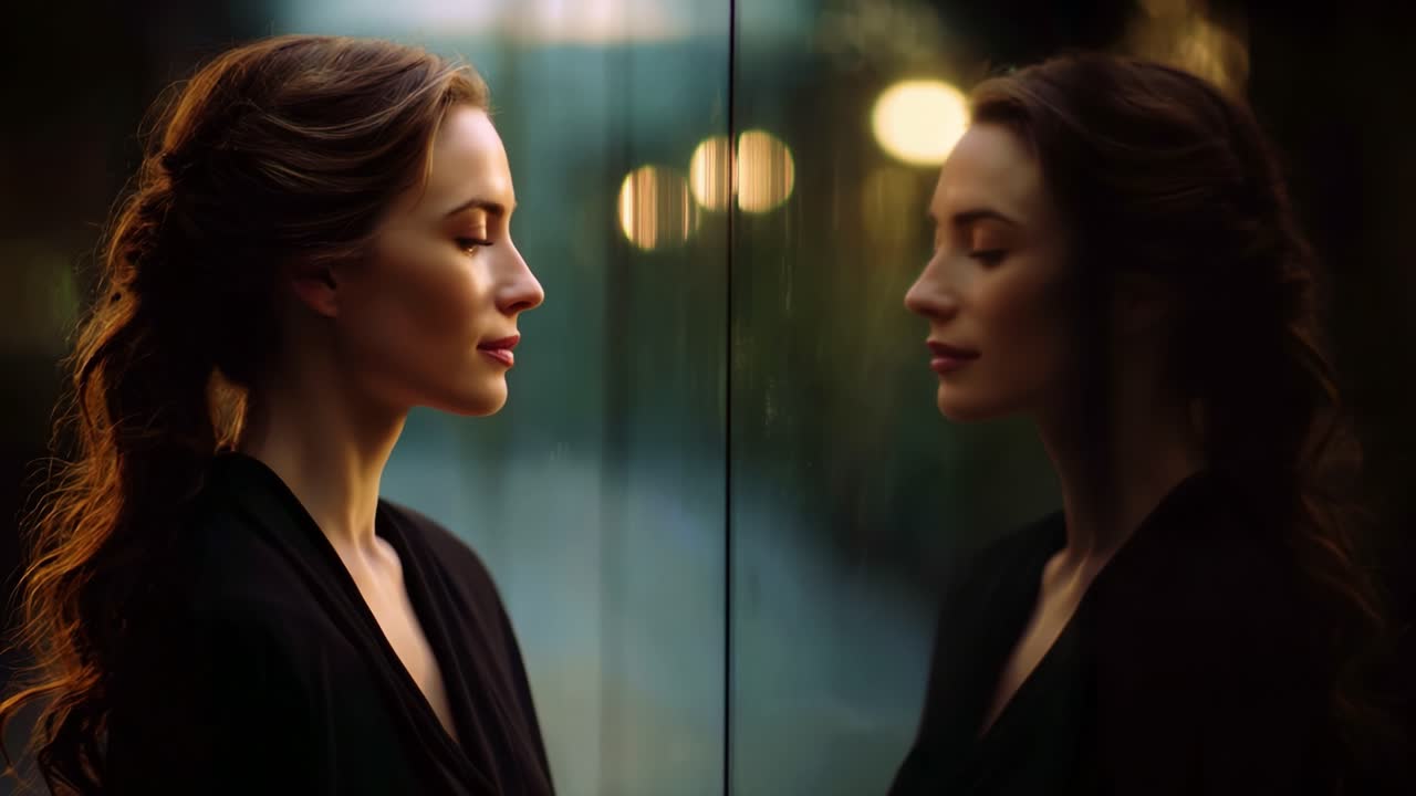 A beautiful woman stands serenely in front of a reflective surface, showcasing her profile and capturing the essence of calmness, contemplation, and elegance against a softly lit backdrop