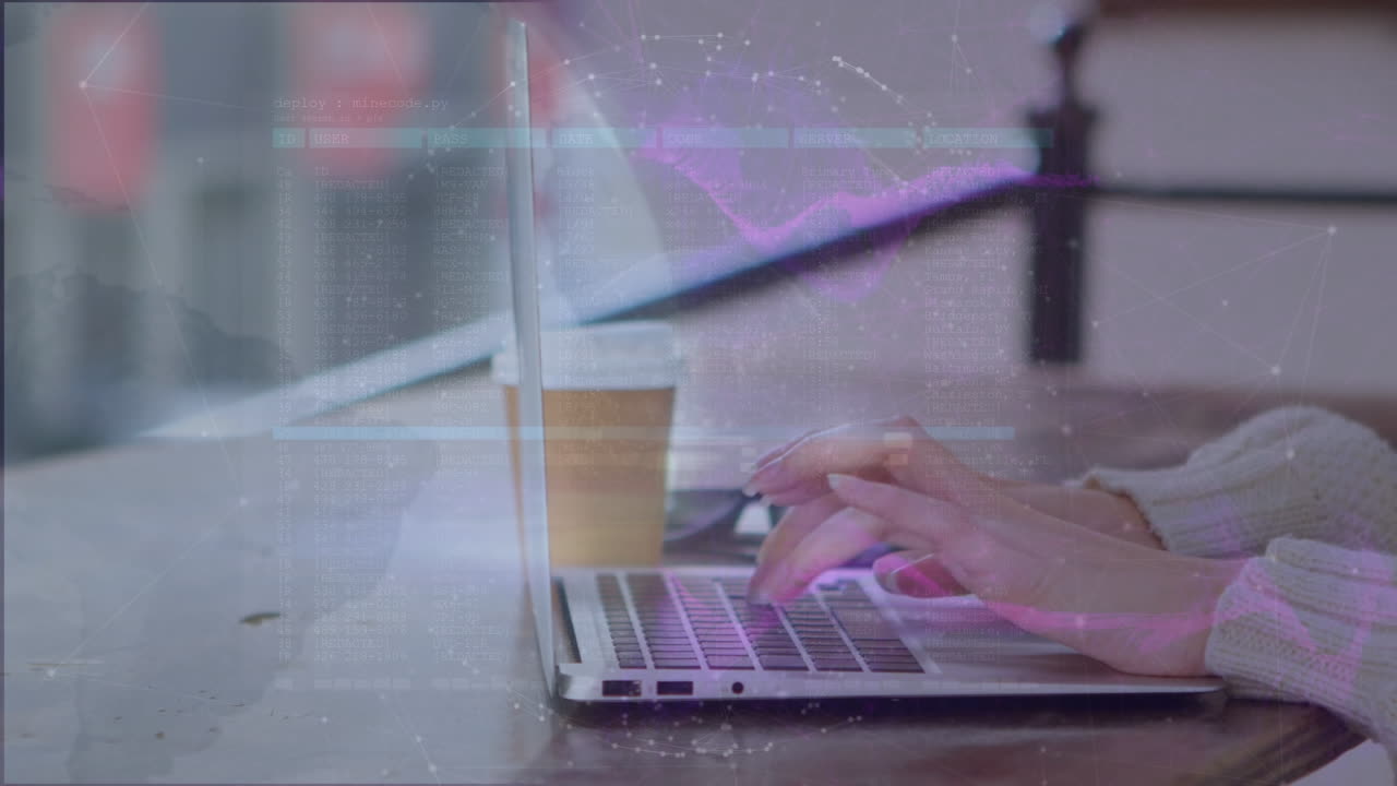 Animazione di globo ed elaborazione dati sulle mani di una donna con un caffè che usa un laptop.
