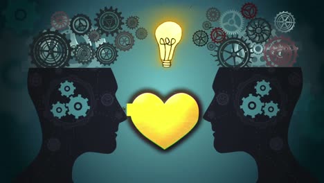 animation of yellow heart and light bulb between two silhouetted human heads with cogs working on bl