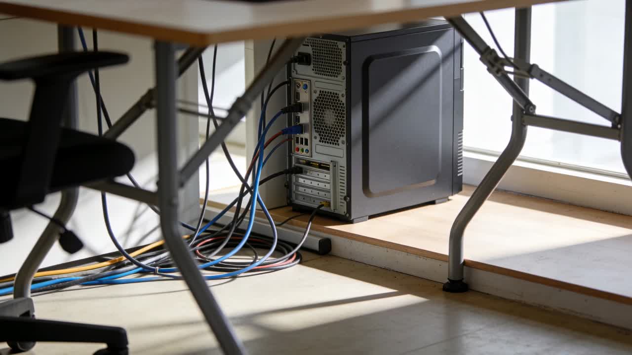 Panning camera revealing desktop tower under table at office window with colored cables, copy space