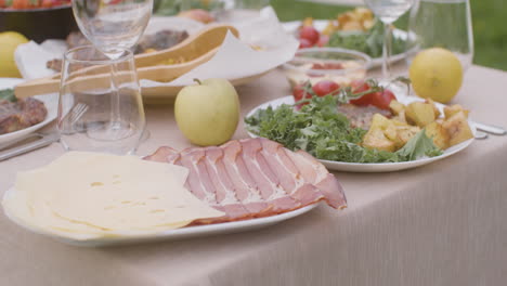 公園 3 での屋外パーティーのための様々 な食べ物や飲み物とダイニング テーブルのクローズ アップ