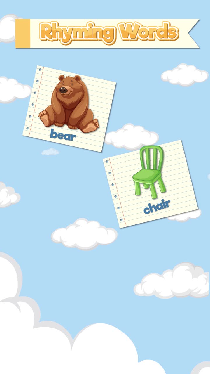 Vertical educational animation displays rhyming words on paper notes ...