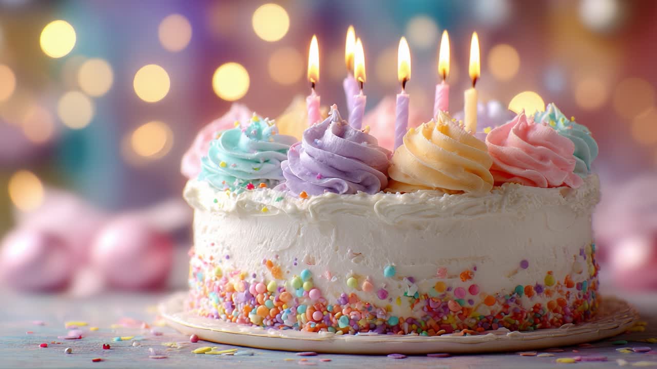 A beautifully decorated birthday cake adorned with colorful frosting and lit candles, surrounded by festive decorations, captures the essence of celebratory joy and sweet indulgence