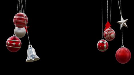 animation of christmas baubles decorations on black background