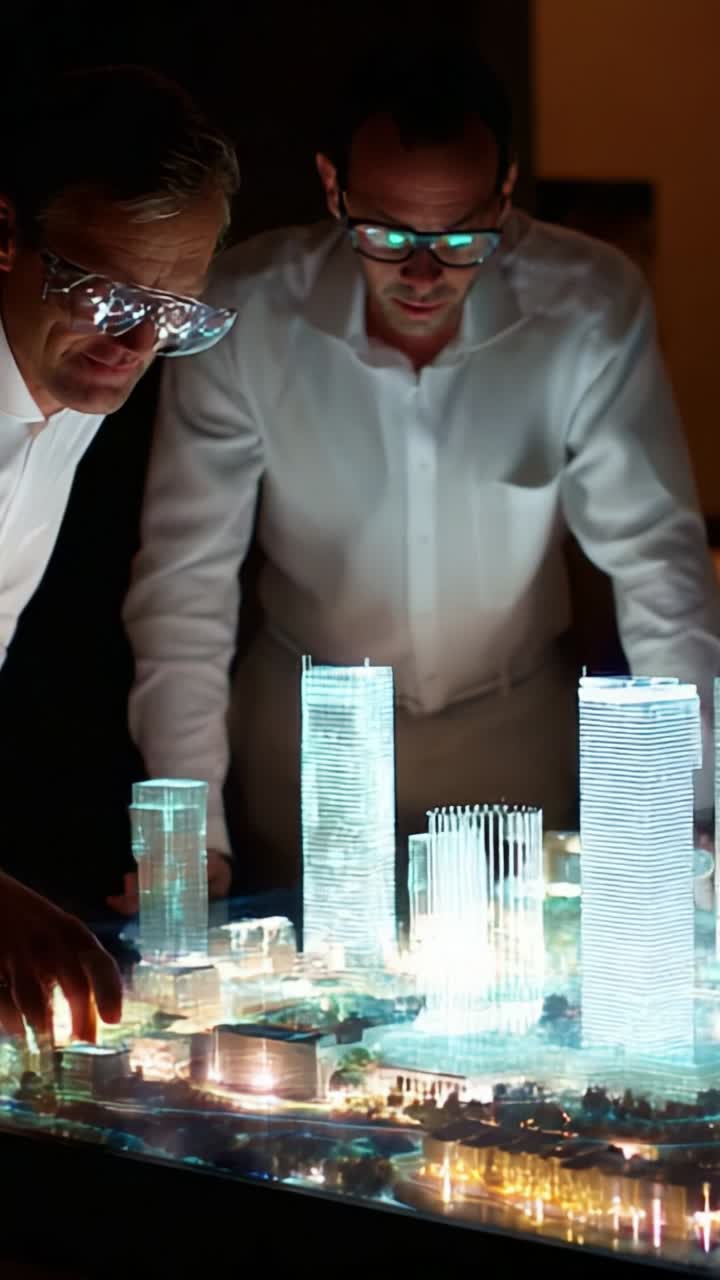 Two Professionals Analyzing a 3D Model of a Futuristic Cityscape with Advanced Technology and Clear Light Projections, Exploring Urban Design Innovations