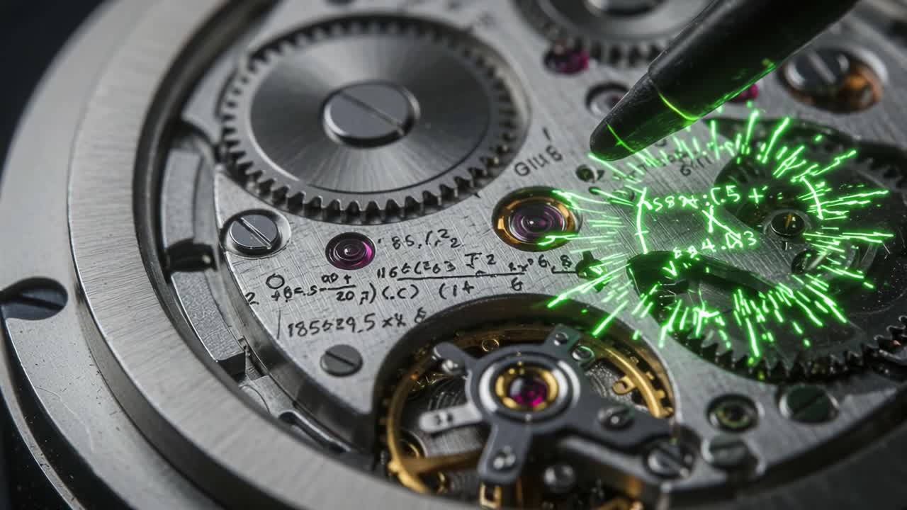 A Close-Up View of a Precision Watch Movement with Enhanced Details, Showcasing Intricate Gears and a Futuristic Light Effect from a Pen Tool Highlighting Mechanisms