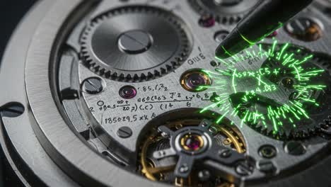 a close-up view of a precision watch movement with enhanced details, showcasing intricate gears and a futuristic light effect from a pen tool highlighting mechanisms
