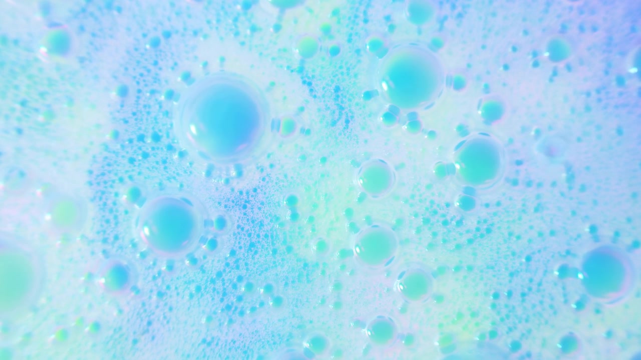 Aqua Foam Bubbles In Closeup Macro, Turquoise And Cyan Suds Form Glossy Spheres And Delicate Lather Textures,