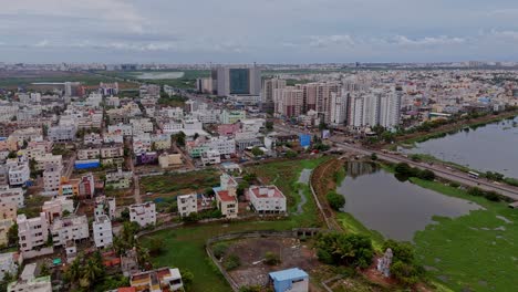 mixed urban landscape with combination of residential and commercial buildings. drone view.