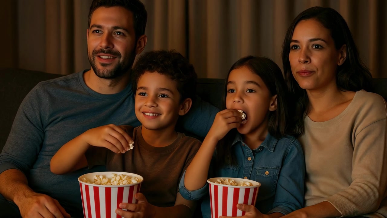 Familia feliz viendo una película y comiendo palomitas de maíz en casa
