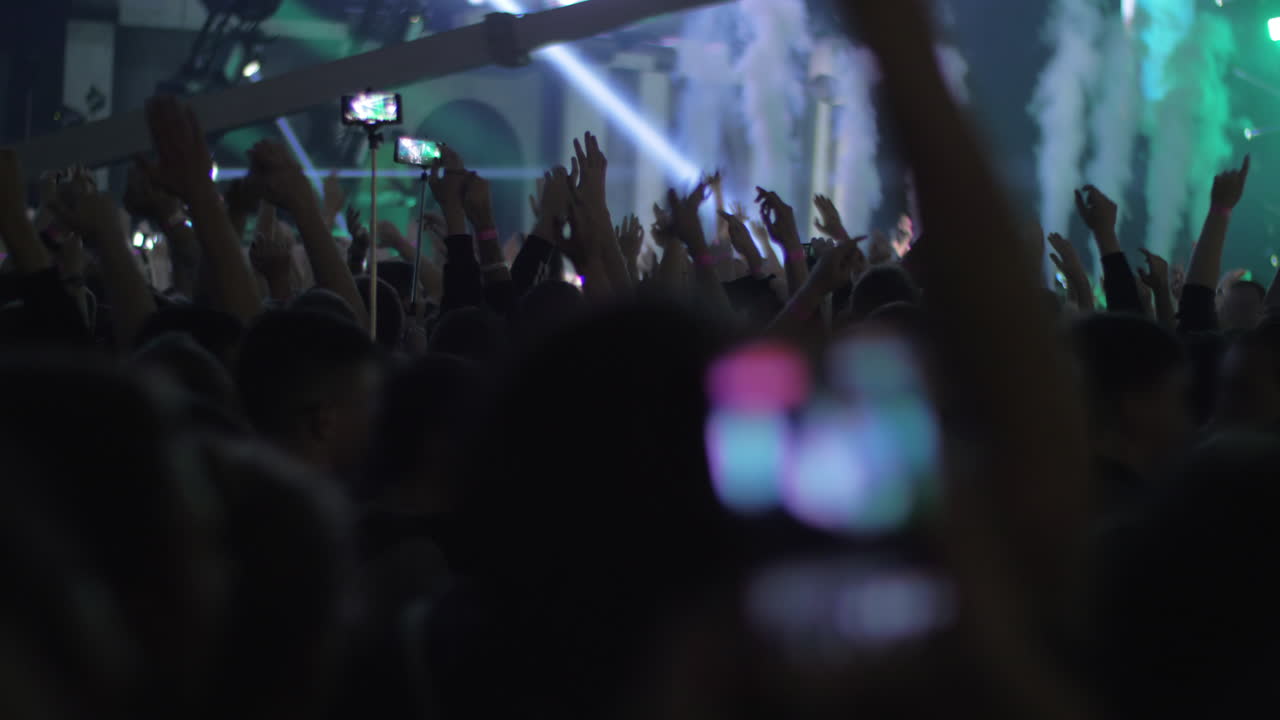 Fan di musica entusiasti che ballano con le mani alzate