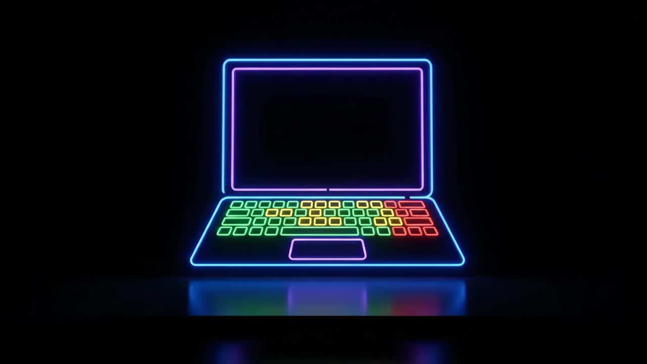 Abstrakt neonlaptop med lysande tangentbord på mörk bakgrund