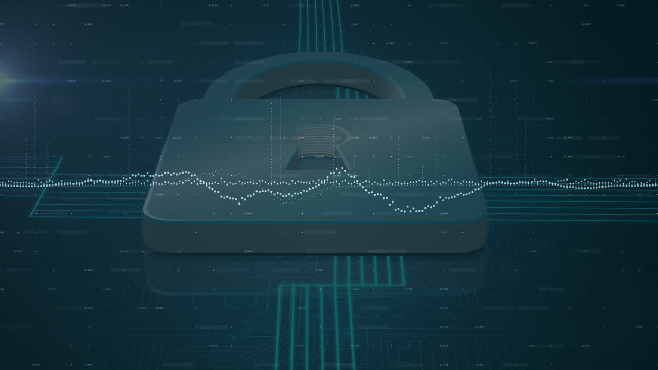 Animation of statistics and data processing over online security padlock blue background