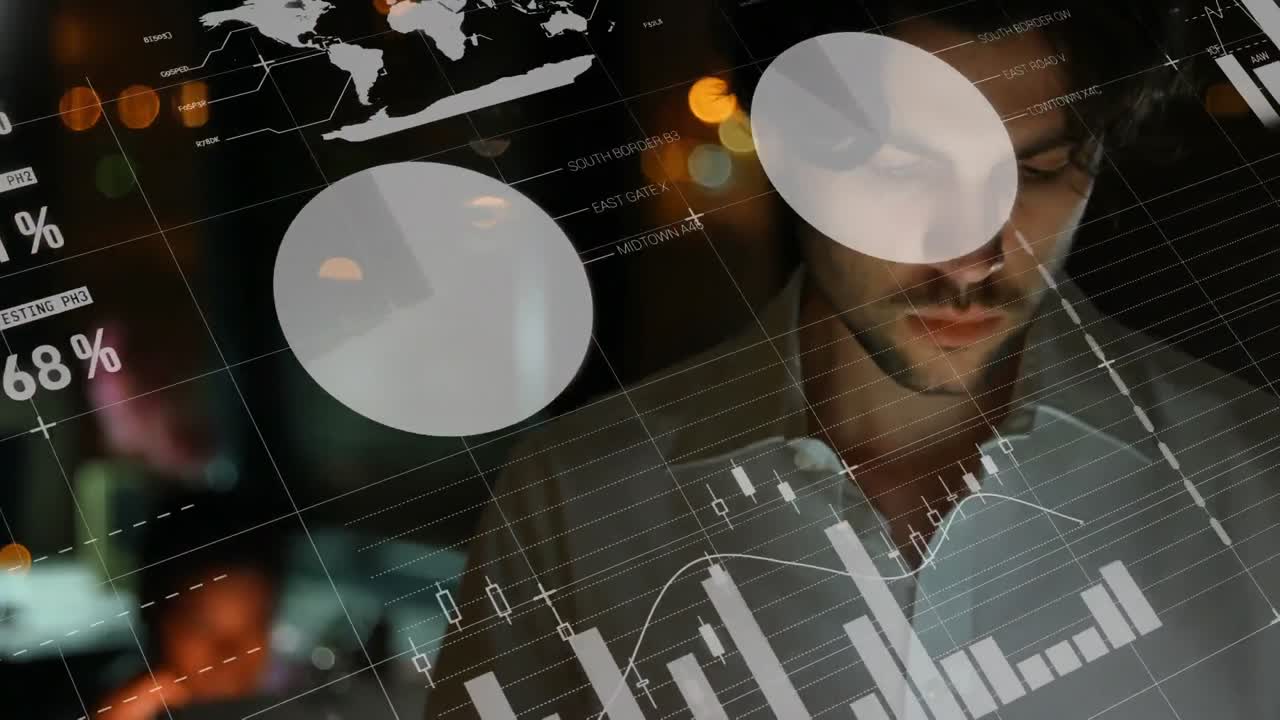 animación del procesamiento de datos estadísticos contra un hombre caucásico pensativo que usa una tableta en la oficina