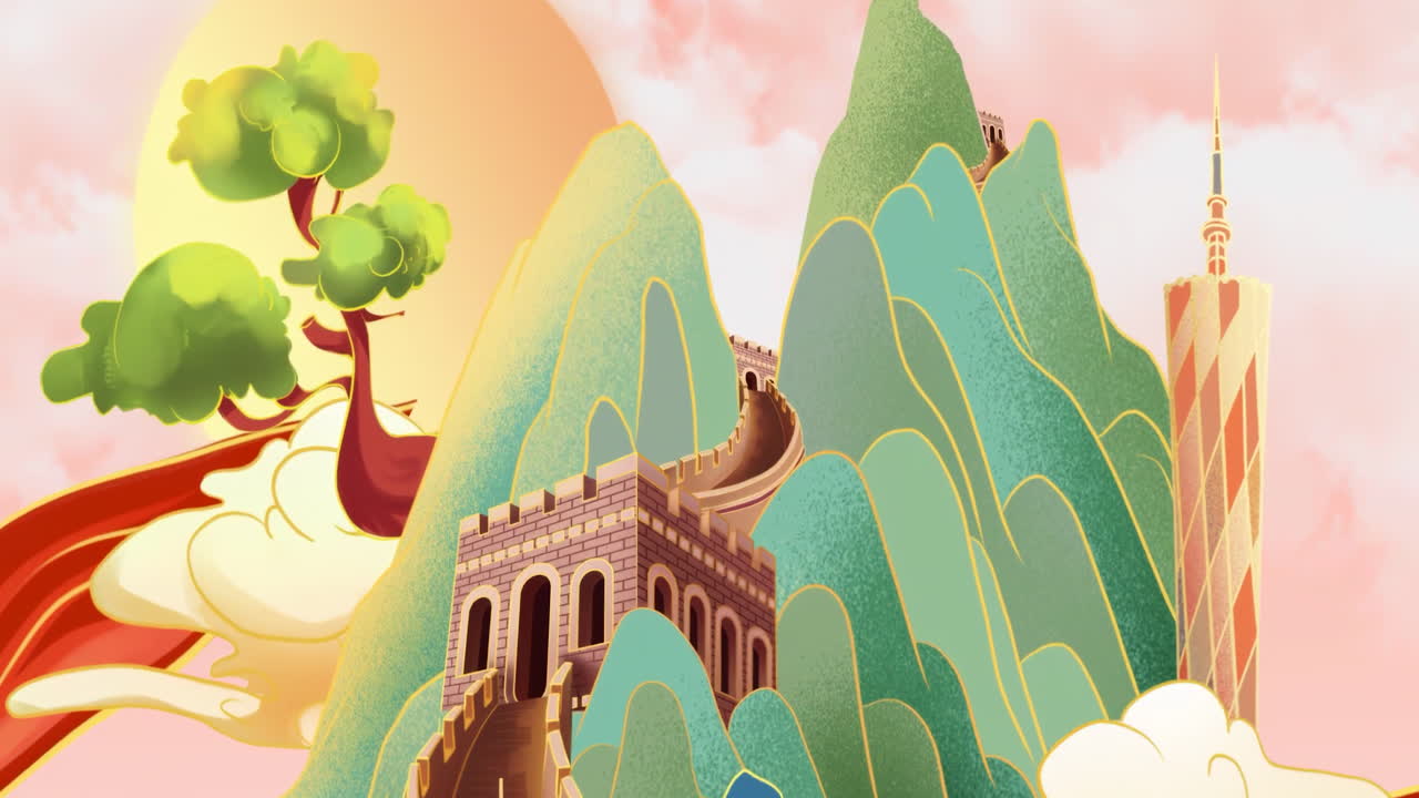 Stylized Illustration of Great Wall of China, Mountains, and Guangzhou Tower