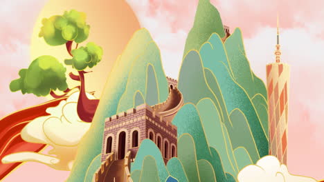stylized illustration of great wall of china, mountains, and guangzhou tower