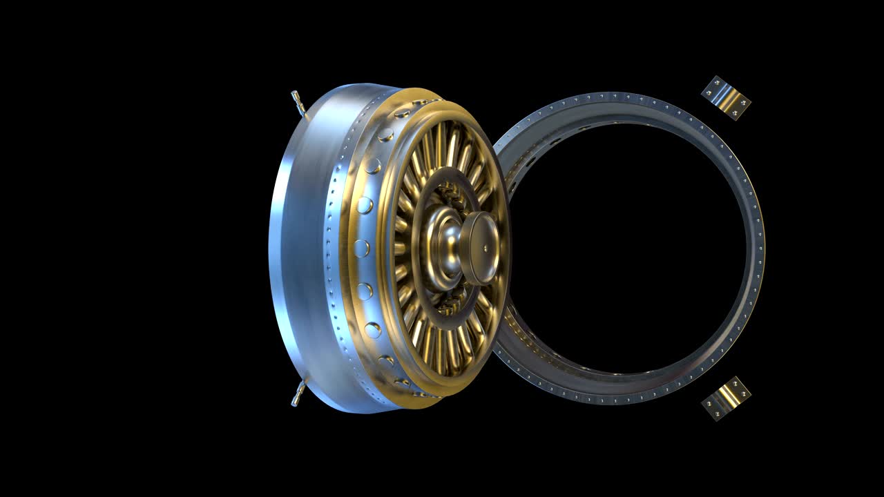 은행 금고, 문을 열고, 매우 무거운 강철 문, 거대한 두꺼운 벽.