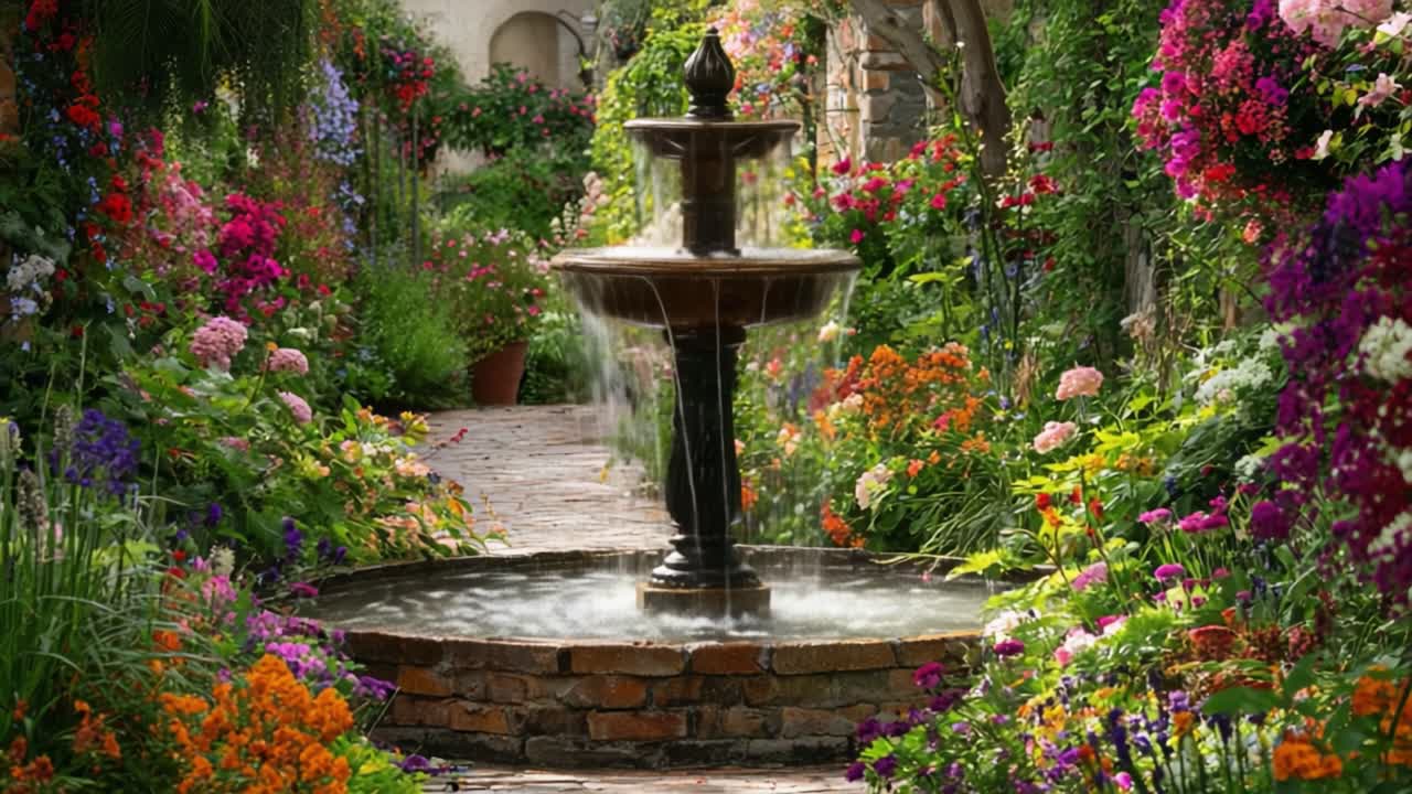 Un'oasi di giardino tranquilla con una fontana centrale, circondata da fiori vivaci e vegetazione lussureggiante, che evoca serenità e bellezza naturale.
