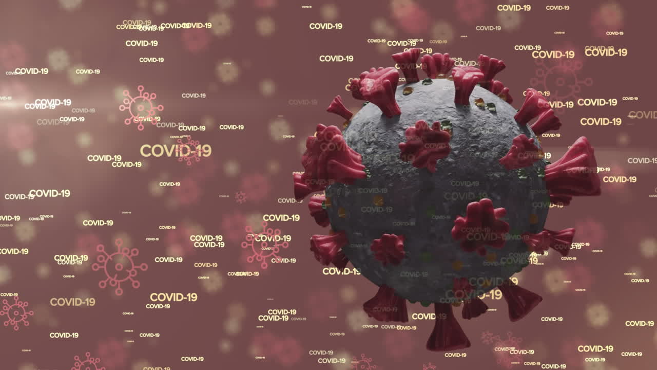 3d 코로나바이러스 코로나19 세포가 여러 코로나19 아이콘과 빨간색 배경에 움직이는 텍스트로 회전합니다.