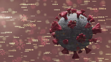 3d coronavirus covid 19 cell spinning with multiple covid 19 icons and text moving on red background