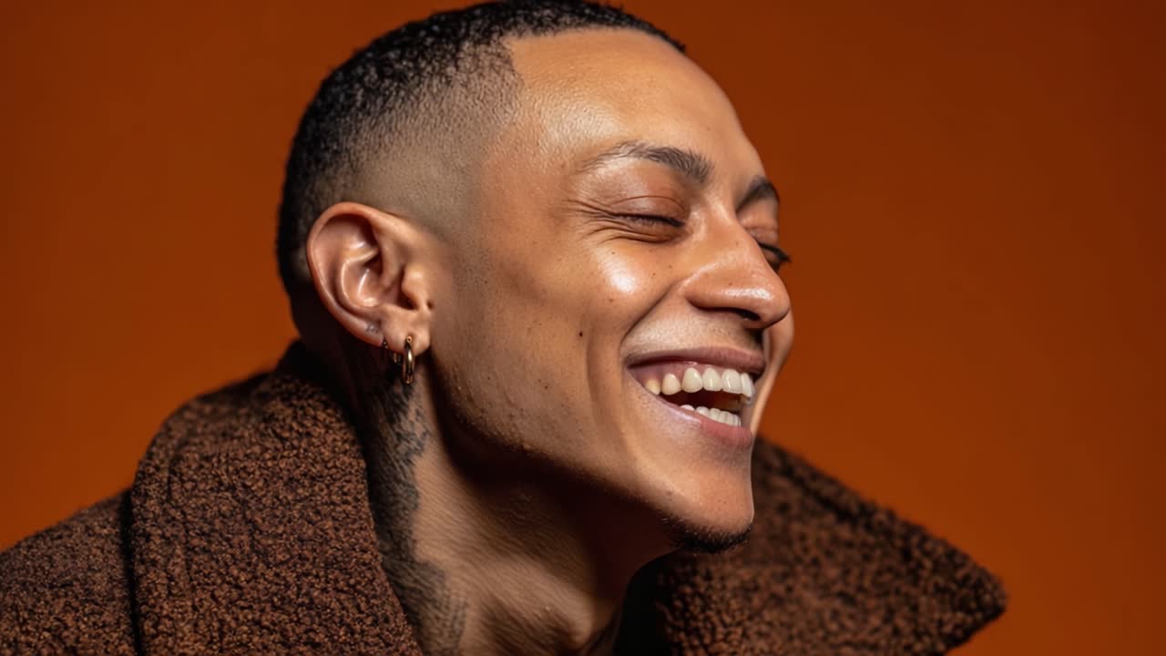 A joyful expression captured in two frames, showcasing a man's contagious laughter against a warm, vibrant orange backdrop. His charm shines through as he smiles brightly