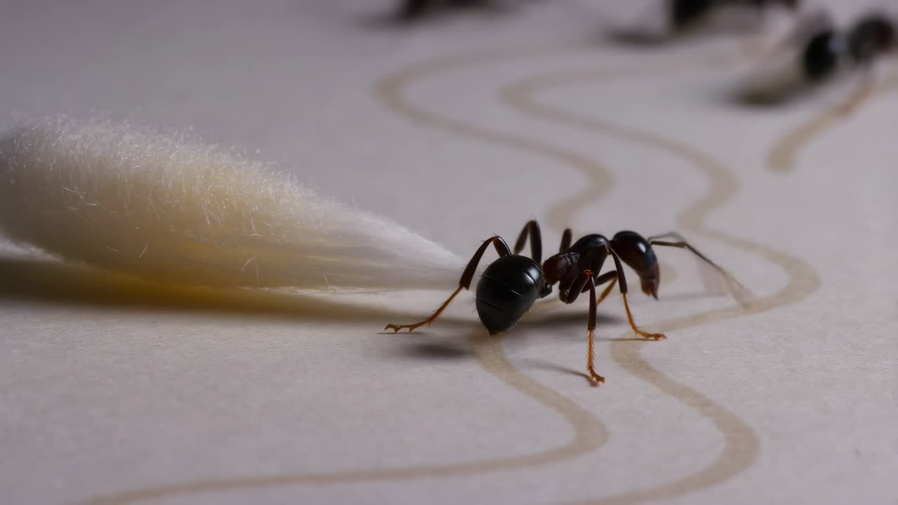 Ants following a pheromone trail to a cotton swab