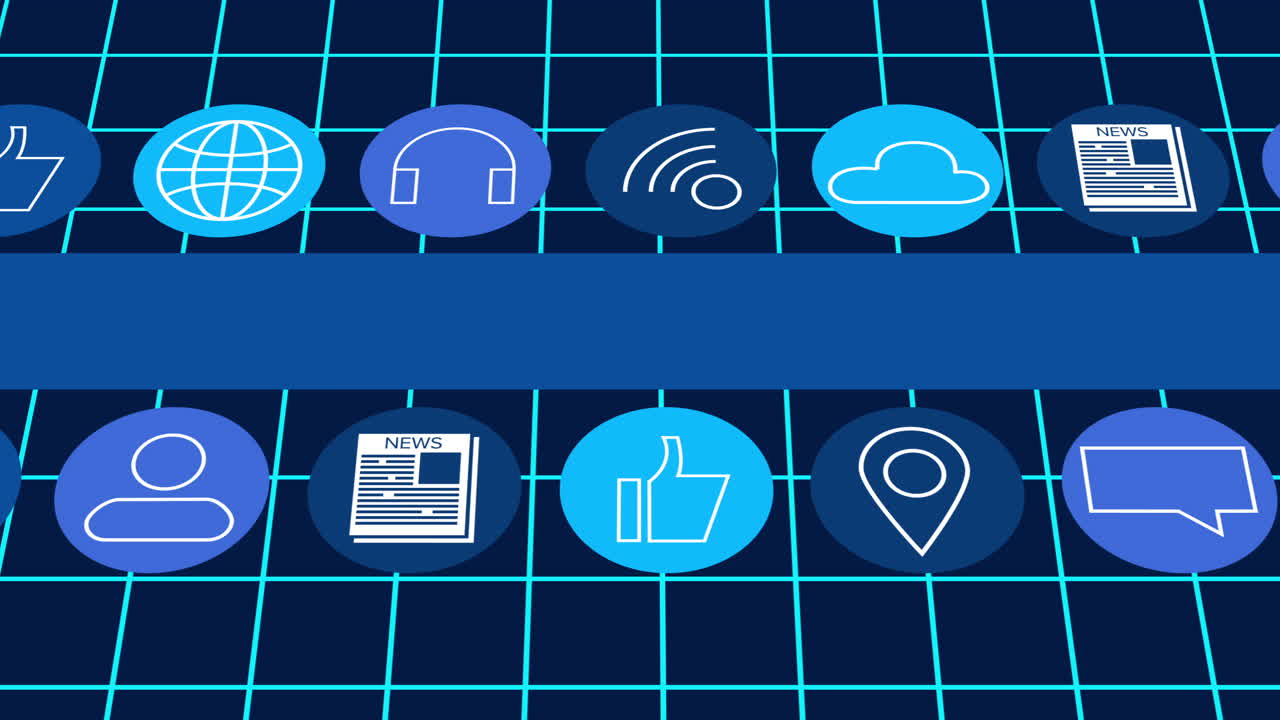 Animation of digital online icons and blue stripe moving over grid on dark blue background
