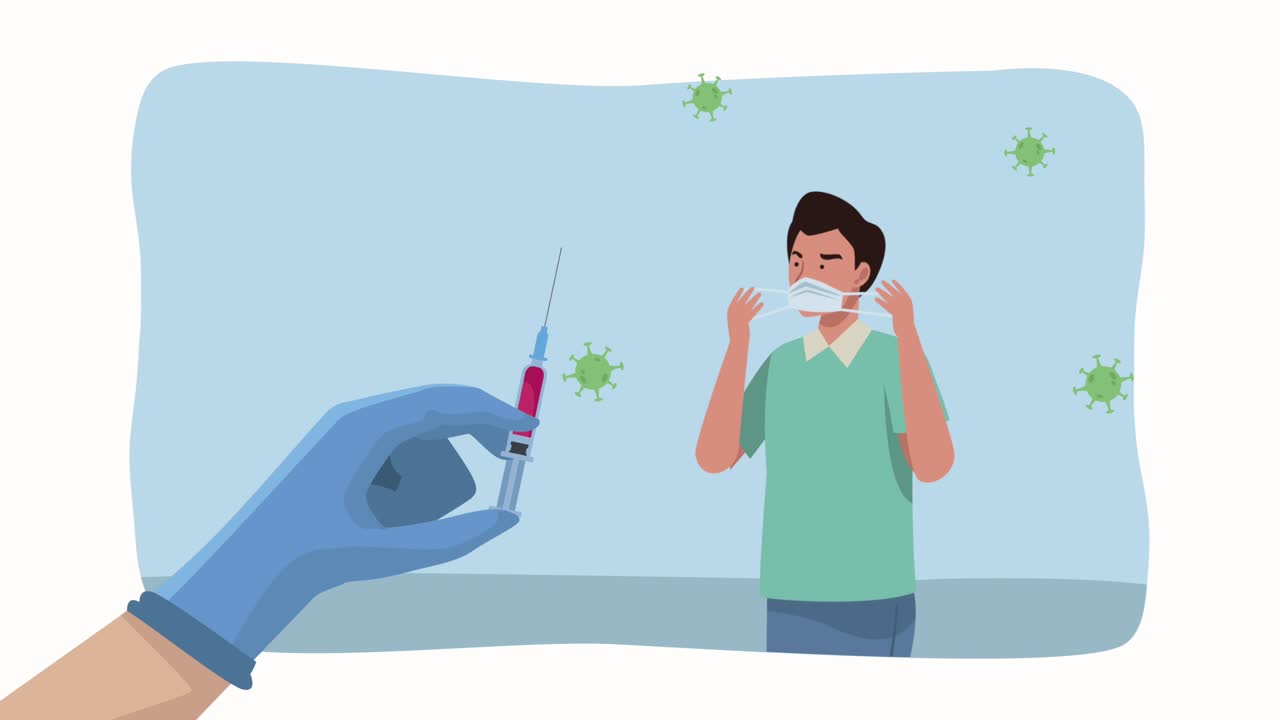 코로나19 입자는 손으로 들어올리는 주사기와 사람