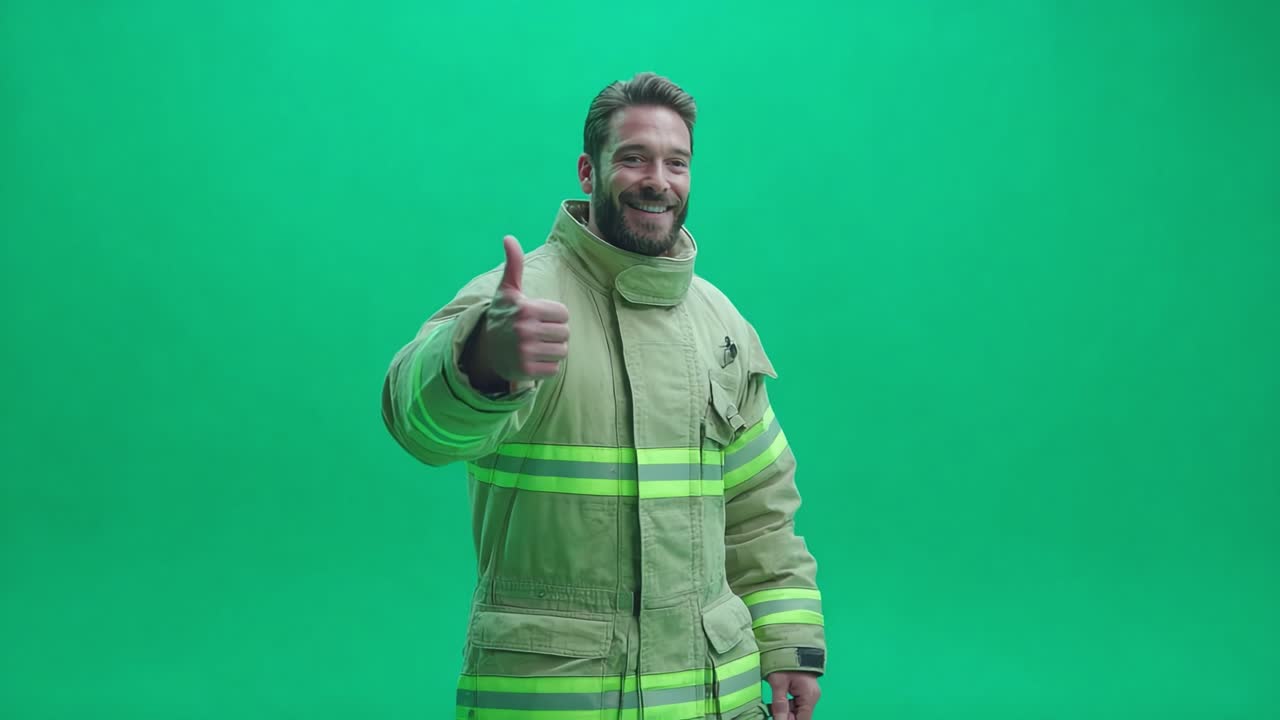 A confident firefighter poses in a bright green studio, showcasing a friendly smile and making a thumbs-up gesture while wearing a safety uniform