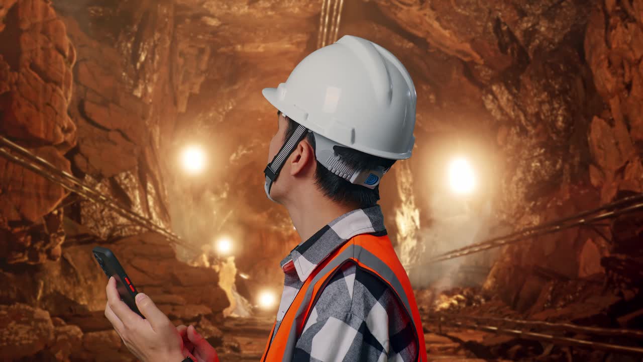 Close Up Side View Of Asian Male Engineer With Safety Helmet Using Smartphone And Looking Around While Standing In Underground Mine Tunnel
