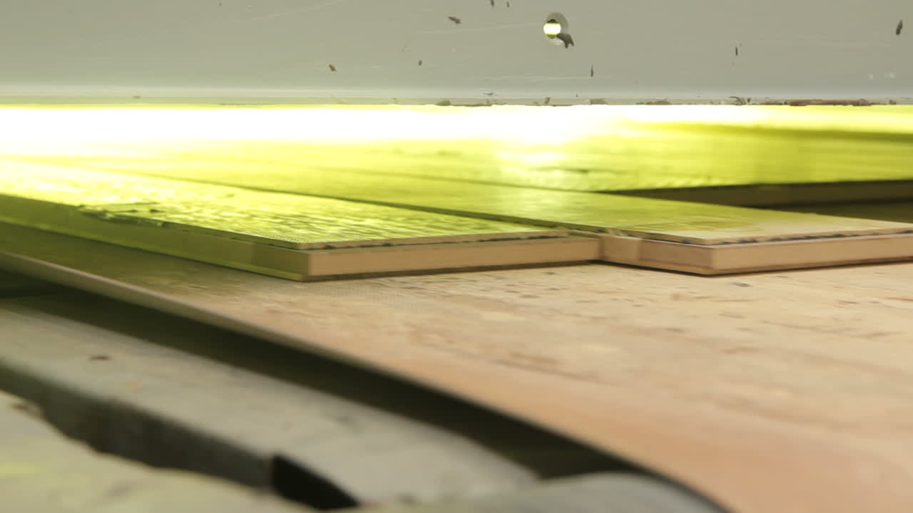 Parquet production. Industrial factory.. Parquet moving in a special device.