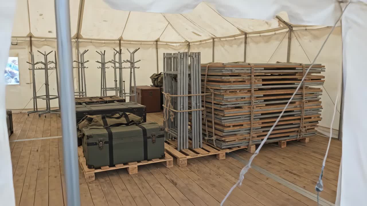 Udstyr i militær stil og opbevaring i et stort lærredstelt
