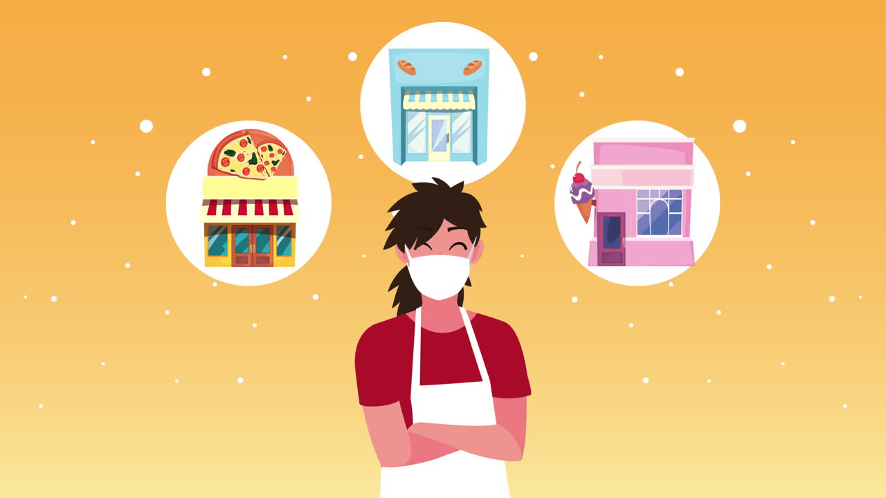 다양한 식품 사업장 앞에서 마스크를 착용한 여성