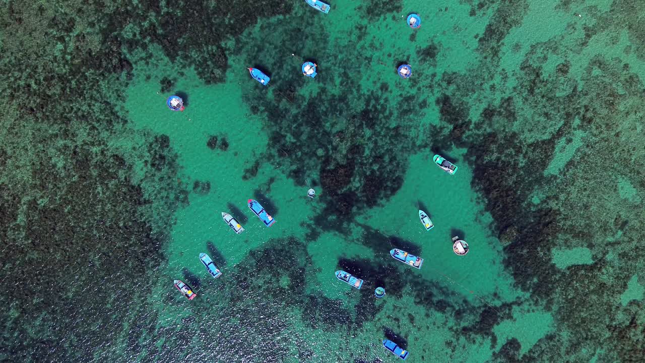 Aerial overhead close-up showing traditional fishing boats moored over a shallow coral reef in Ninh Hải District at noon.