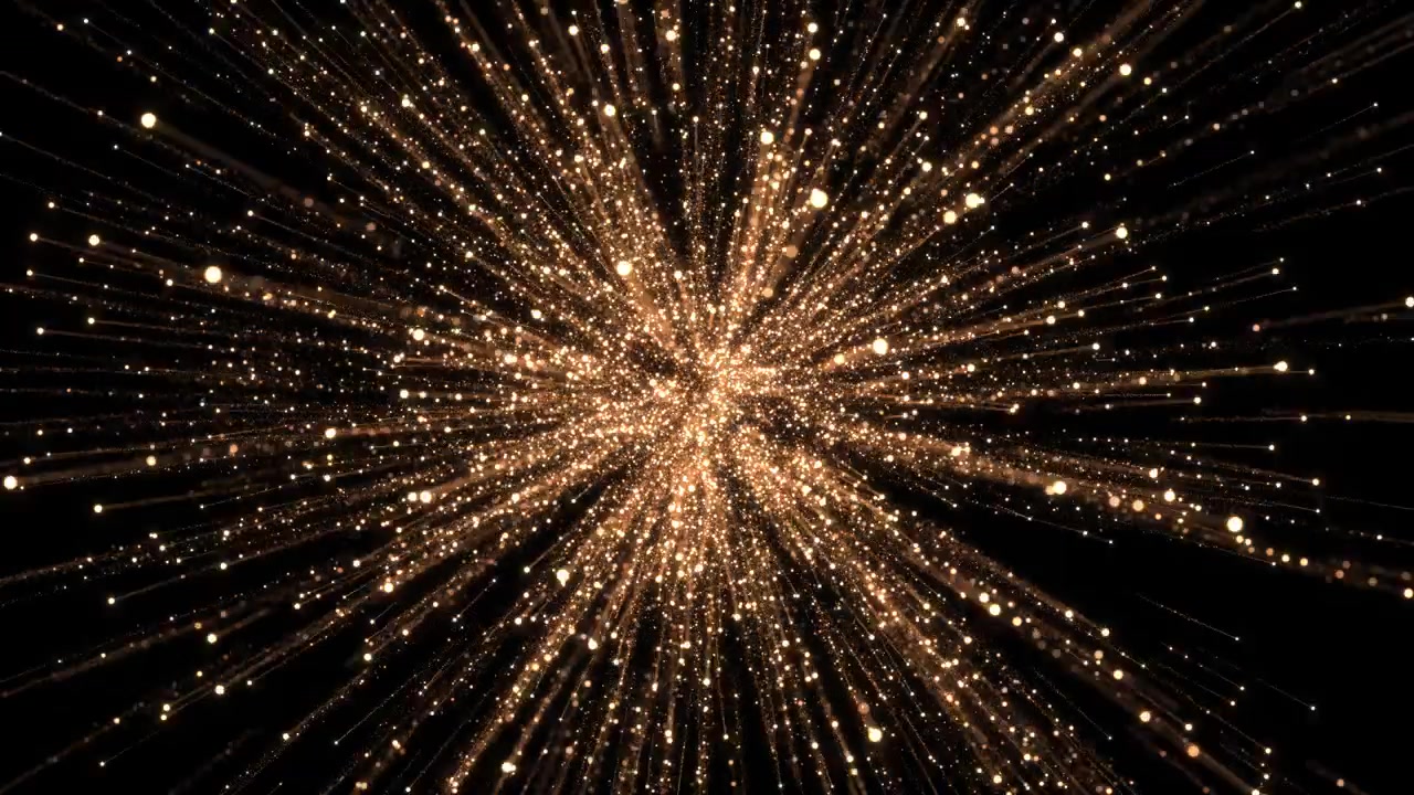 Brillante campo di sfere di polvere dorata forma un'espansiva esplosione radiale nero che mescola scintille nitide sfocate