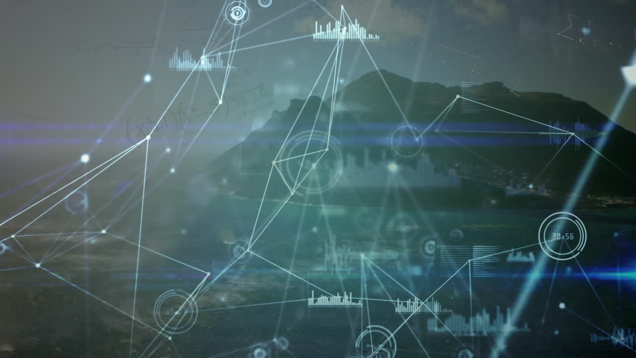 Animation of network of connections with data processing over landscape