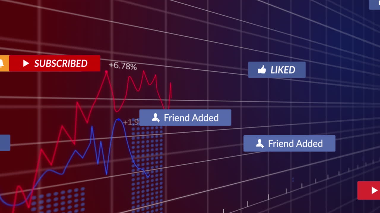 보라색 배경에 대한 통계 데이터 처리 위에 떠다니는 소셜 미디어 아이콘의 애니메이션