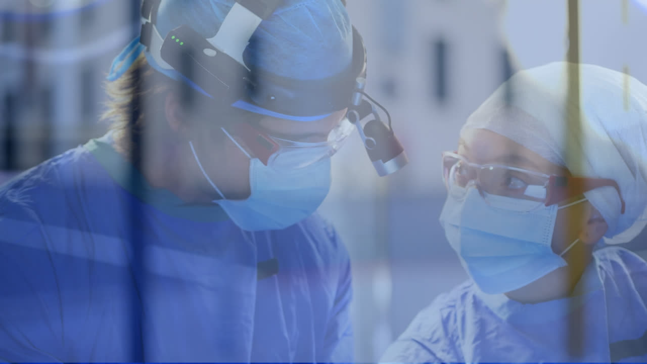 수술 중에 의사들을 지나 도시를 고 있는 사람들의 애니메이션