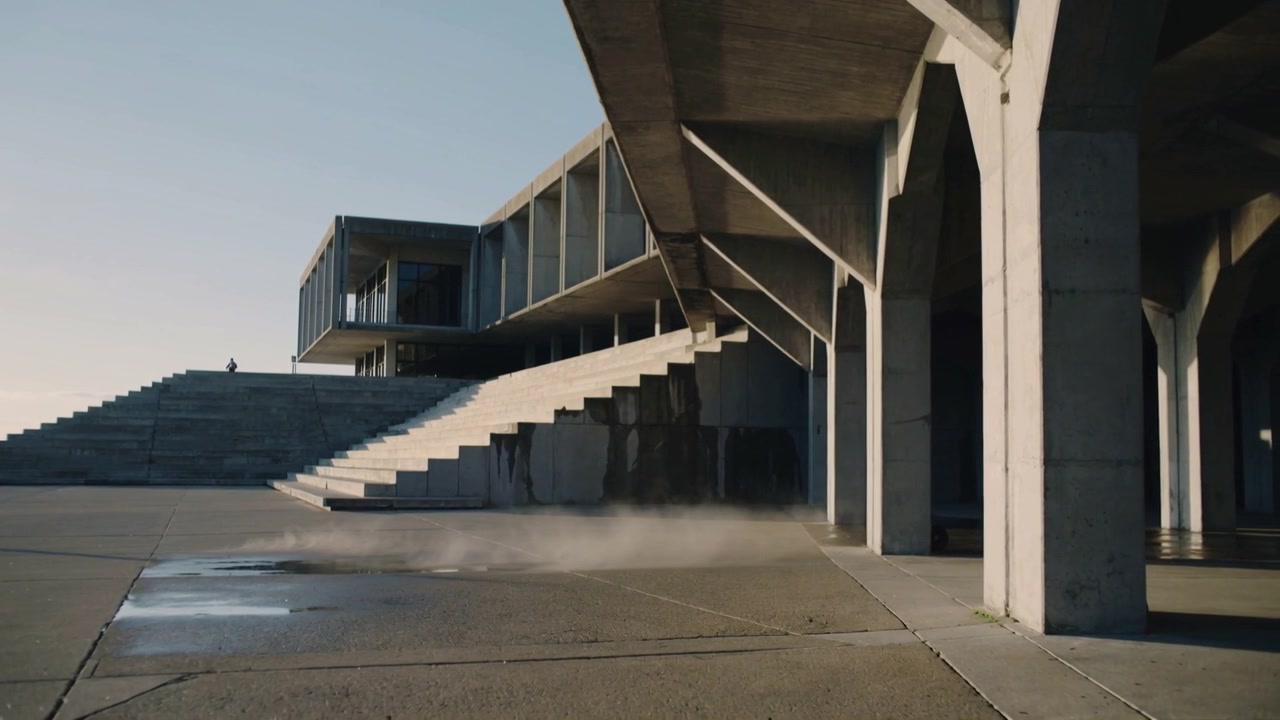 Banco de niebla baja emergente extendiéndose por una plaza junto a un edificio brutalista, con escalones y charcos