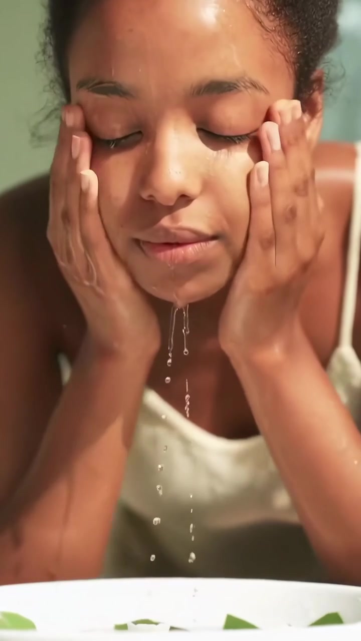 Young Woman Washing Her Face with Water