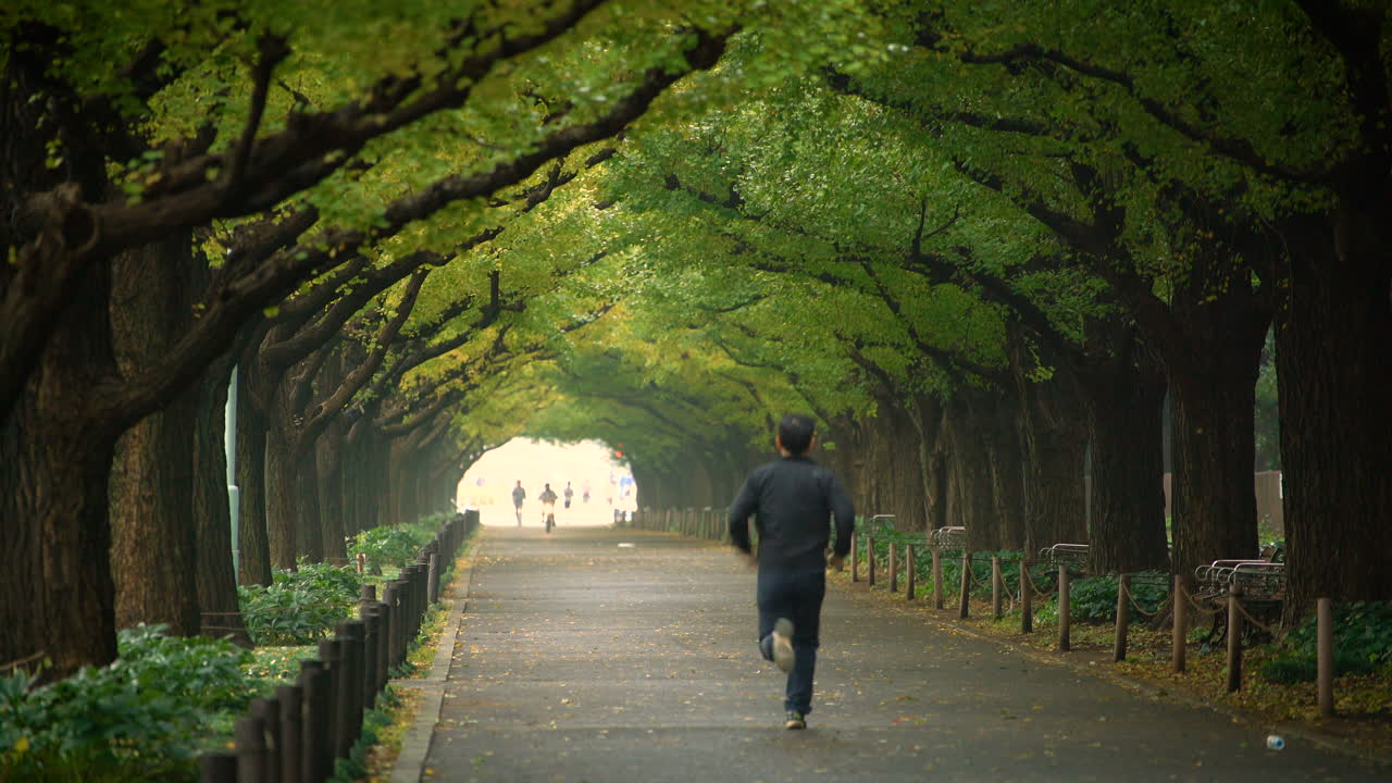 도쿄의 공원에서 운동을 하기 위해 달리는 남자.