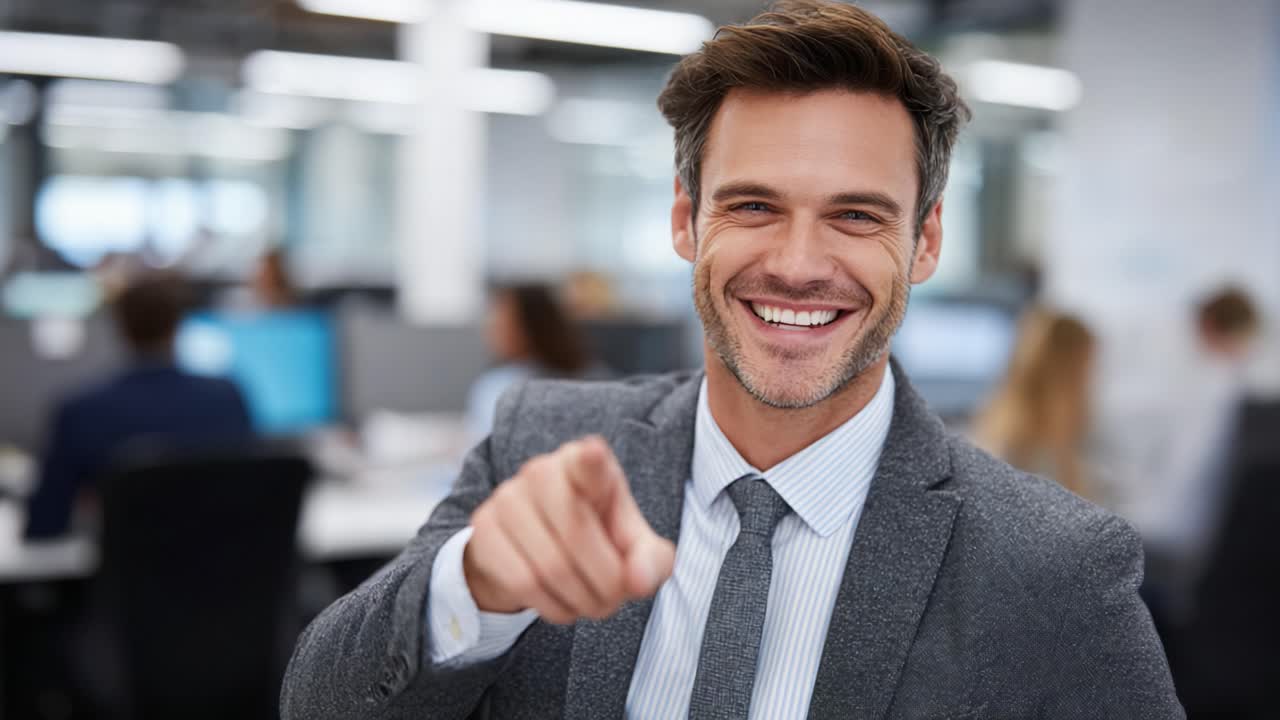 Confident Businessman Smiling and Pointing at Camera in Modern Office Setting, Exuding Professionalism and Approachability