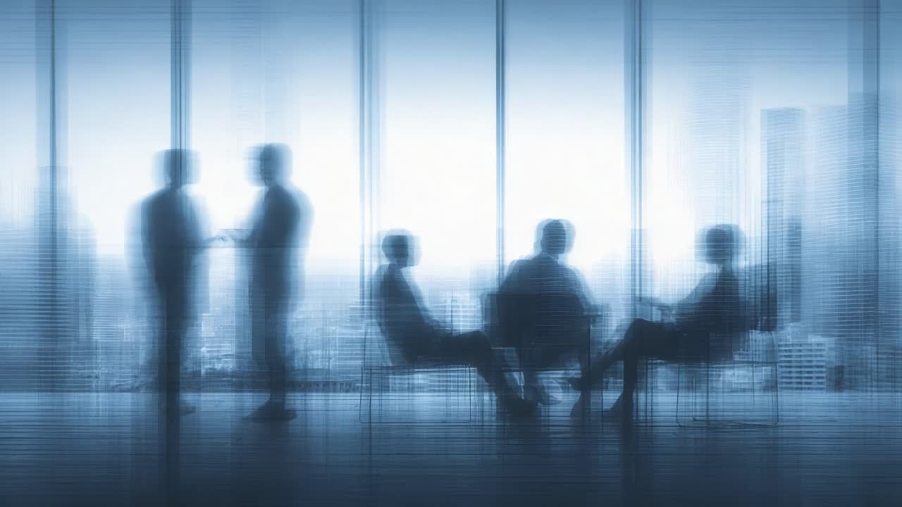 Silhouetted Business Meeting: Professional Discussion in High-Rise Office with Cityscape Background - Focus on Collaboration and Engagement in a Modern Workspace