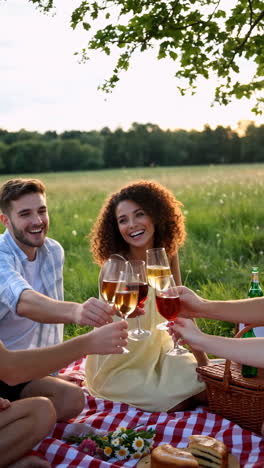 friends enjoying a picnic and toasting with drinks in a sunny field